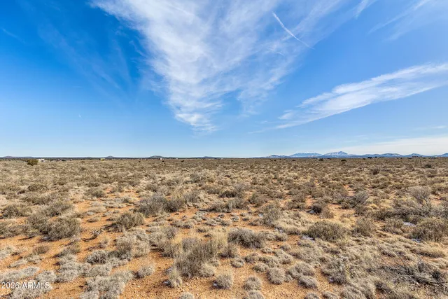 a view of a large building with mountains in the background