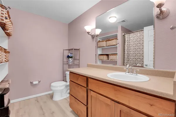 a bathroom with a sink a toilet and a large mirror