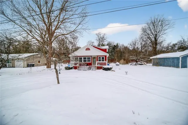 a swimming pool with trees in front of it