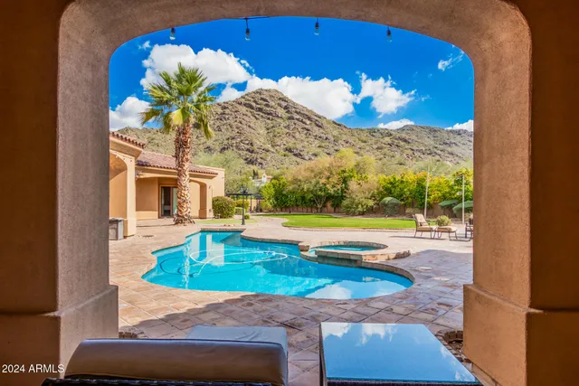 an aerial view of a swimming pool