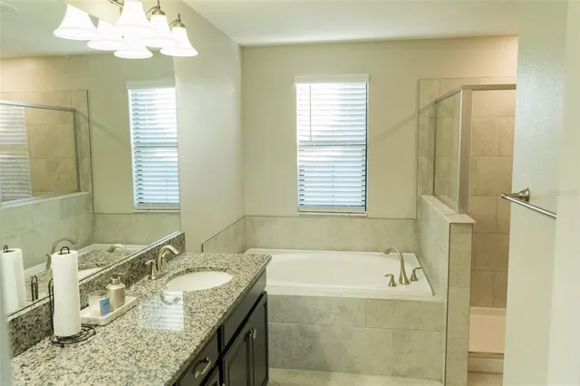a bathroom with a granite countertop tub sink and mirror