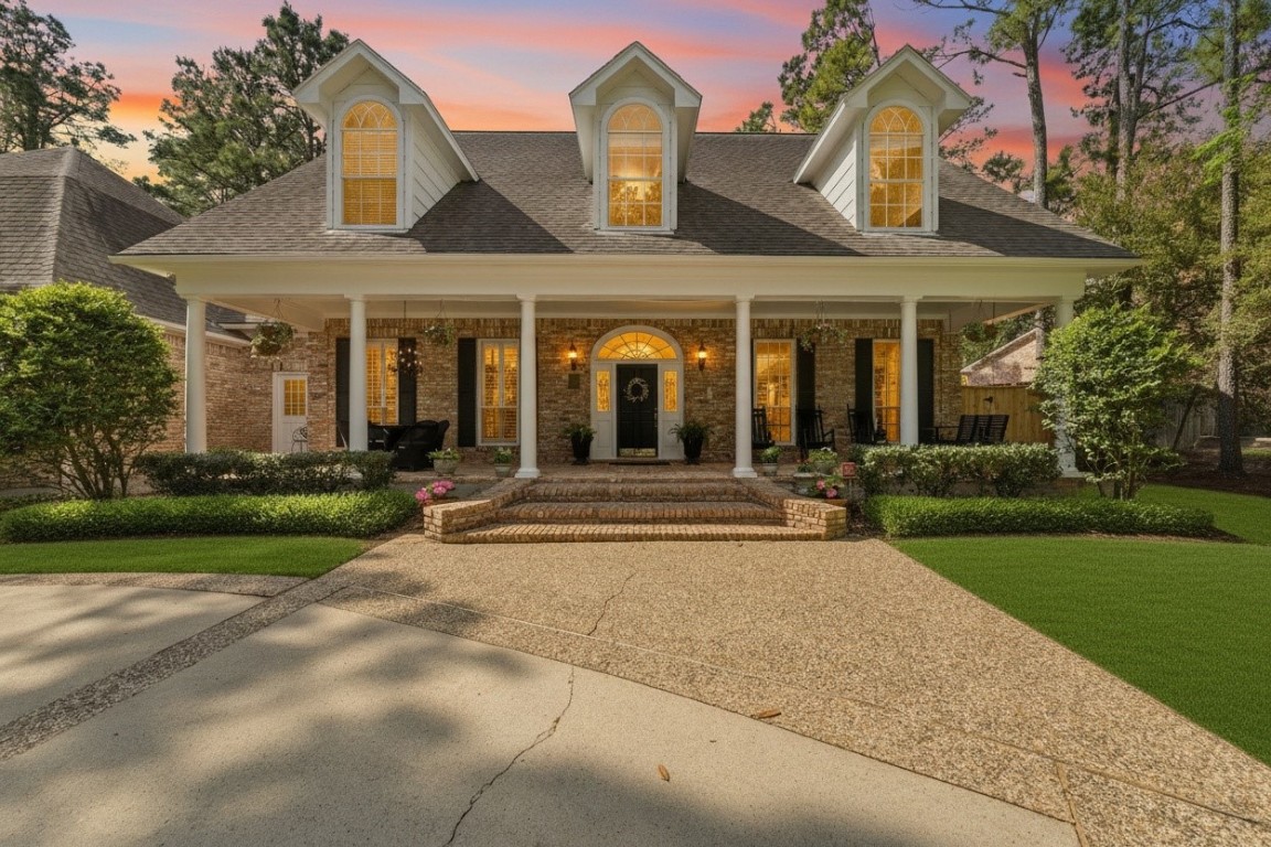 This enchanting home features a charming porch perfect for relaxing afternoons, framed by lush greenery and a welcoming driveway, creating a picturesque retreat.