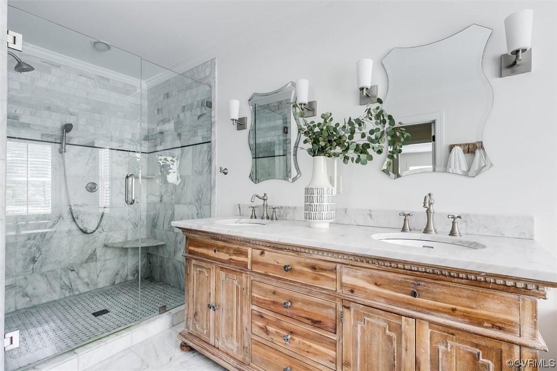 213 Culpepper Road Henrico, VA 23229 - Photo 26 of 46 a bathroom with a granite countertop sink mirror and shower
