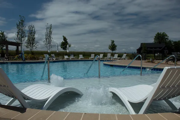 a view of a swimming pool with lawn chairs and plants