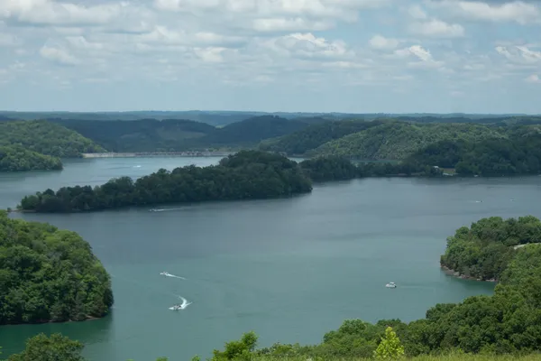 a view of a lake with a city