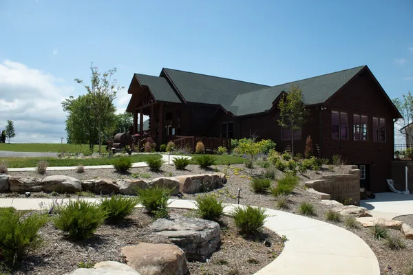 an outdoor space with furniture