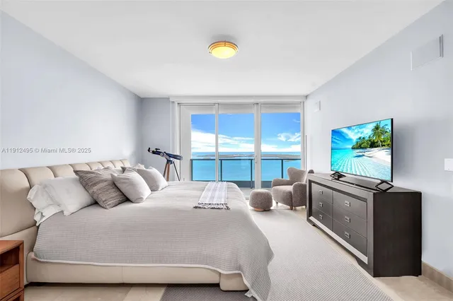 a bedroom with a bed and a flat tv screen on dresser
