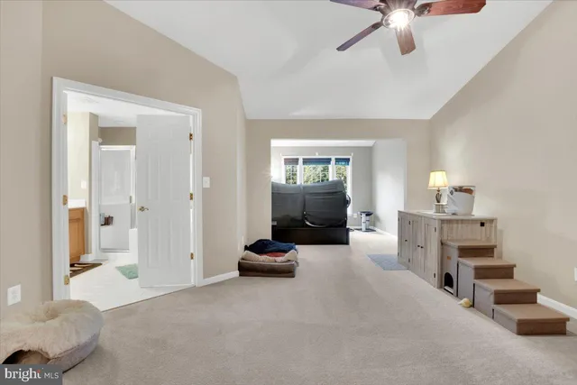 a view of a livingroom with furniture and a ceiling fan