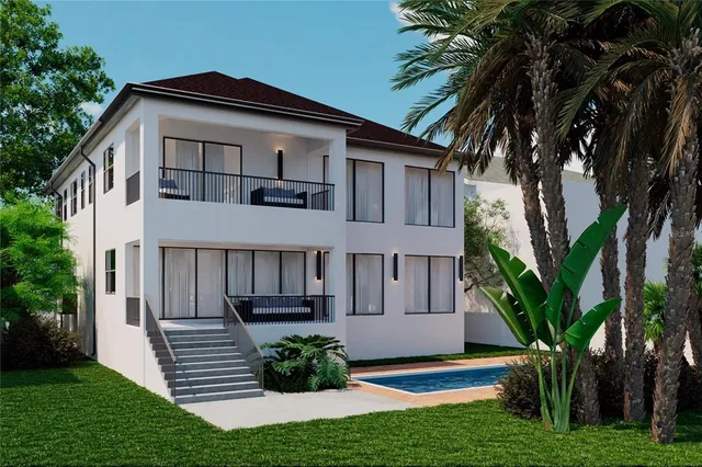 a view of house with a yard and potted plants