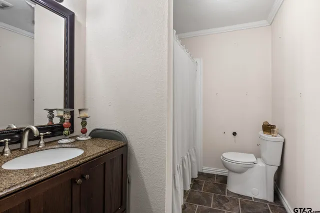 a bathroom with a granite countertop sink toilet and a mirror