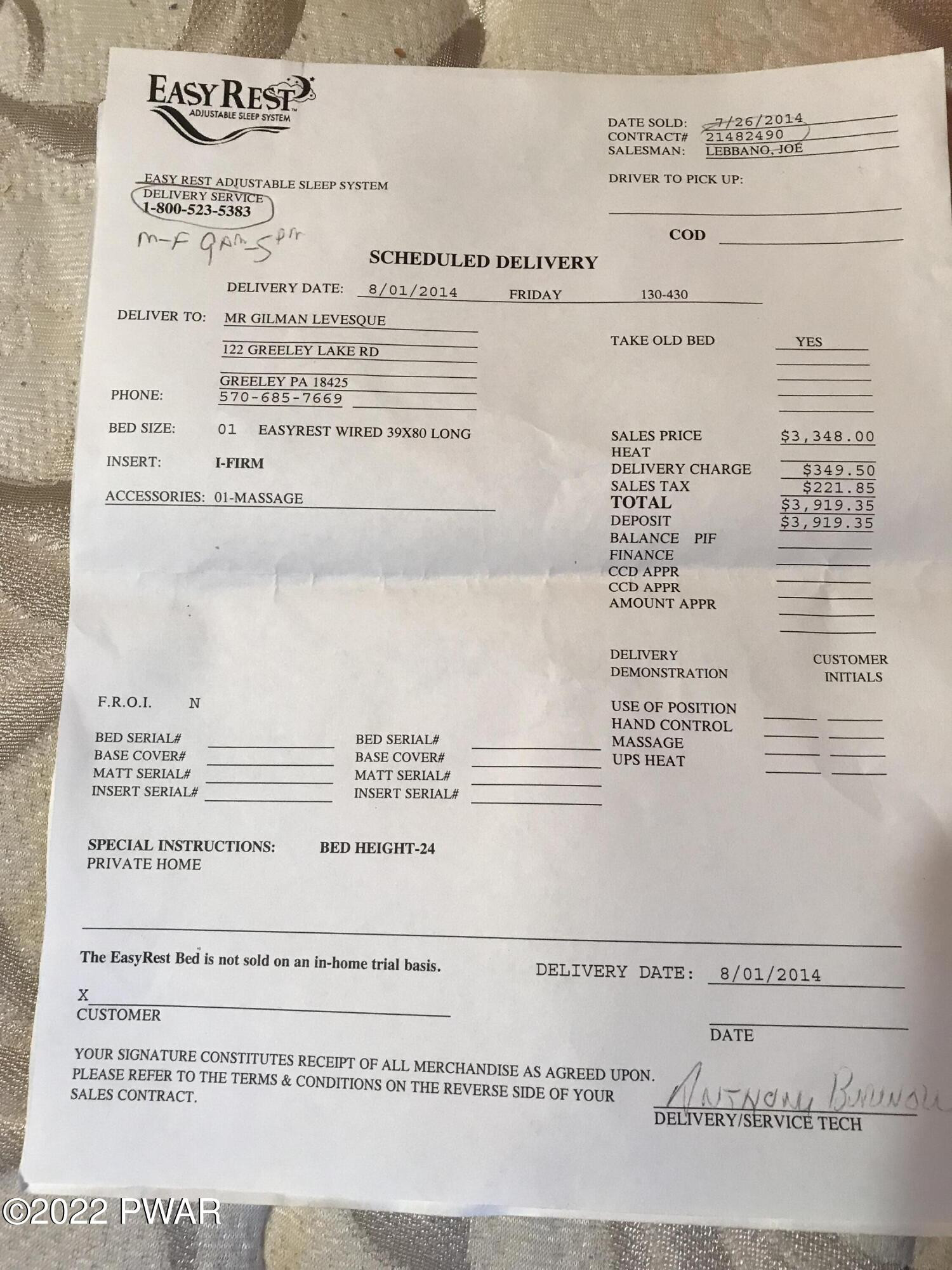 122 Greeley Lake Road Greeley, PA 18425 - Photo 6 of 24 Easy Rest Bed Receipt