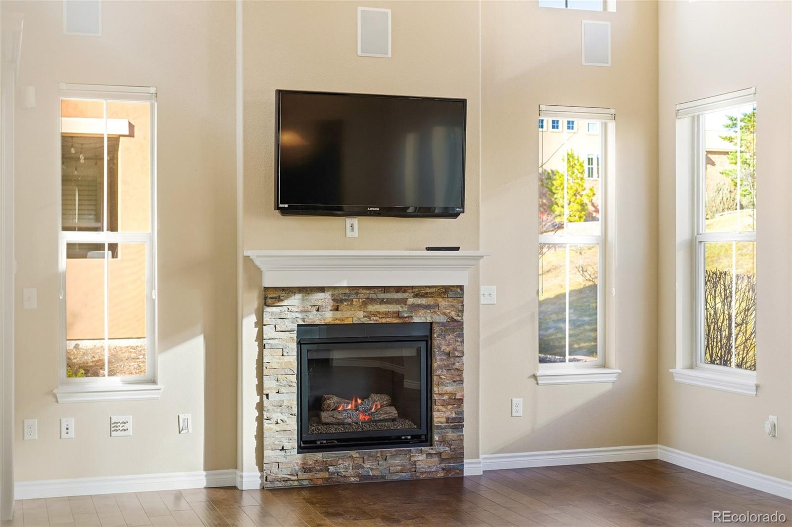 9470 Sori Lane Highlands Ranch, CO 80126 - Photo 6 of 32 a living room with a fireplace and a flat screen tv