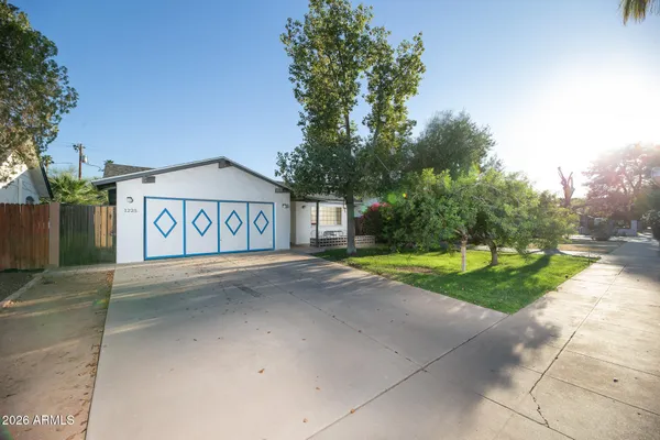 a view of a street with a large trees