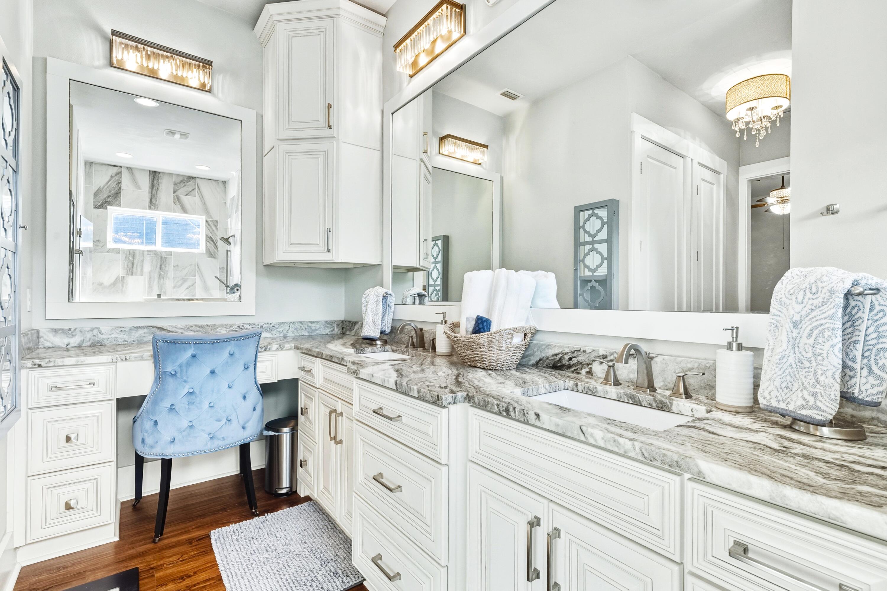 101 Botany Boulevard Santa Rosa Beach, FL 32459 - Photo 35 of 53 a bathroom with a granite countertop double vanity sink and mirror