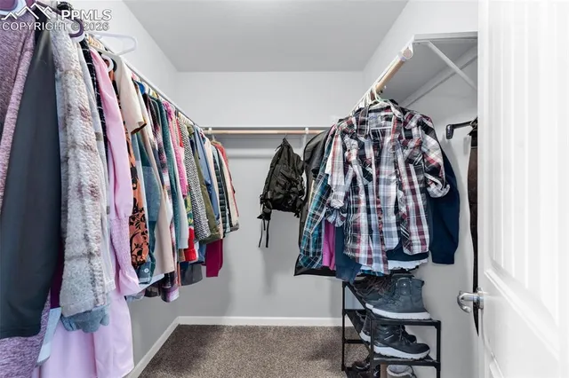 a view of walk in closet with clothes