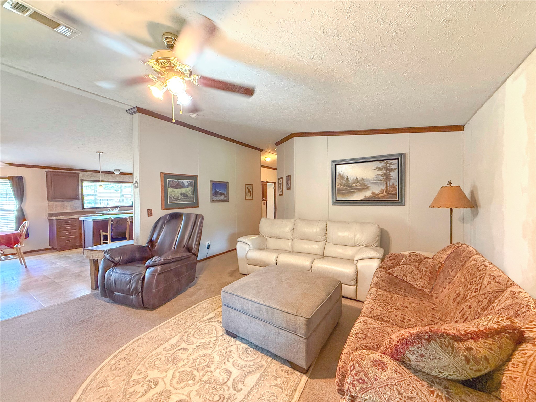 845 Caldwell Street Lexington, TX 78947 - Photo 7 of 39 Living room with ornamental molding, ceiling fan, light colored carpet, and a textured ceiling