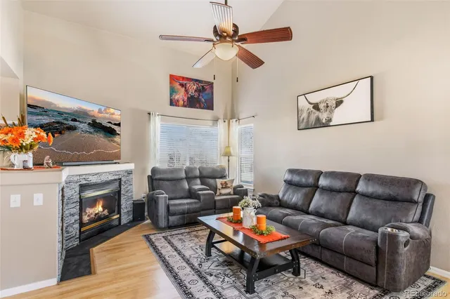 a living room with furniture a flat screen tv and a fireplace