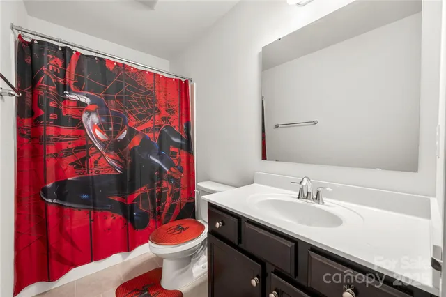 a bathroom with a sink vanity mirror and toilet