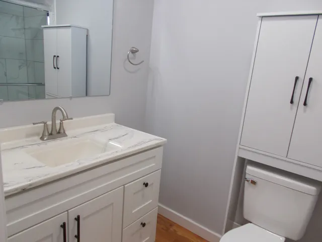 a bathroom with a sink a toilet and a mirror