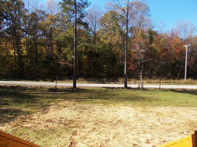 a view of a swimming pool with a big yard and large trees