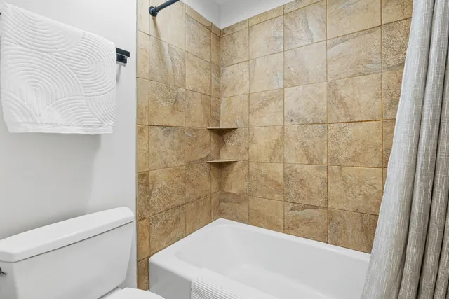 a bathroom with a shower and toilet