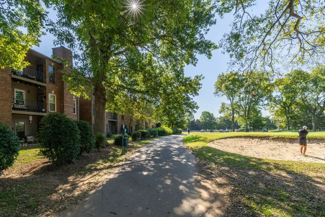 a view of a street with a yard and trees