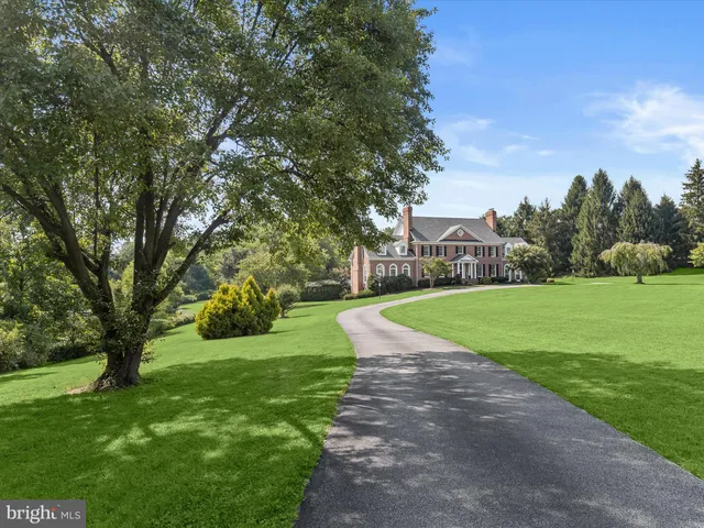 a front view of a house with a yard and large trees