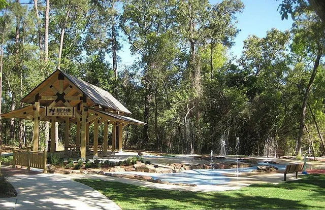 a view of a town with large trees and plants