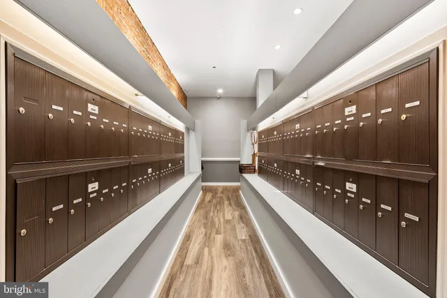 a view of a lobby with black lights