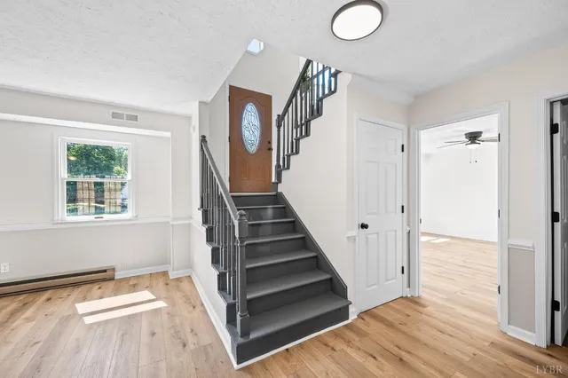 a view of a livingroom with wooden floor and stairs