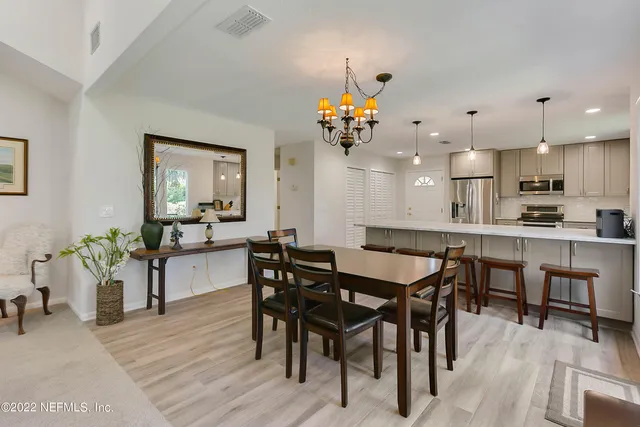 a view of a dining area with furniture and wooden floor