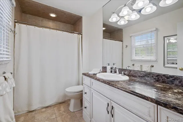 a bathroom with a granite countertop sink a toilet and a mirror