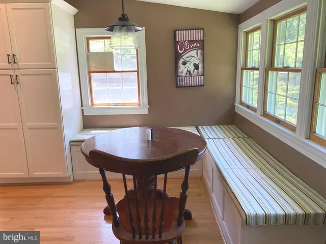 a view of a dining room with furniture window and wooden floor
