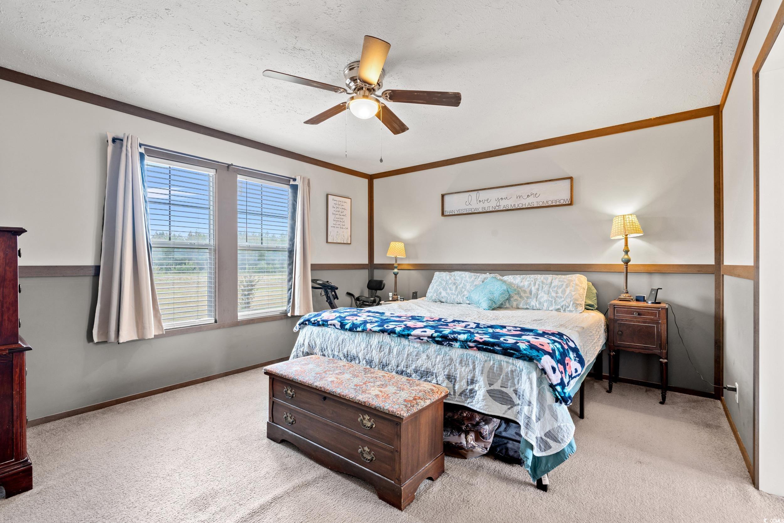 Bedroom featuring a textured ceiling, light colored carpet, ceiling fan, and ornamental molding