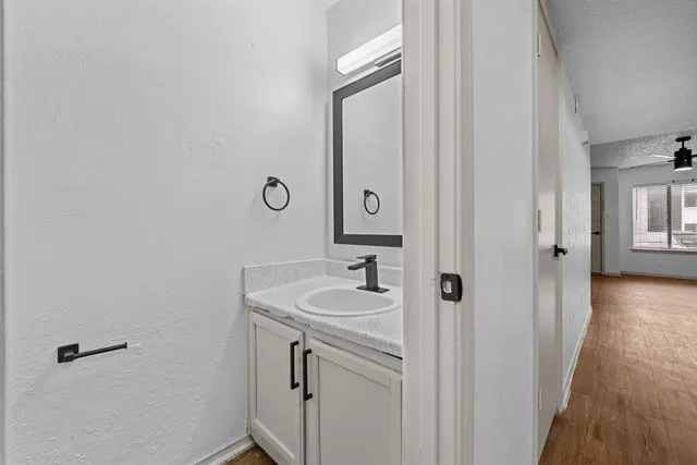 a bathroom with a sink and a mirror