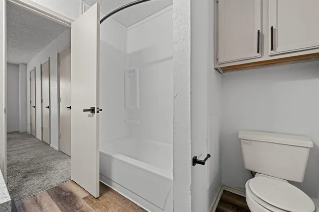 a bathroom with a toilet and a shower