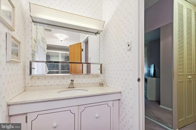 a bathroom with a sink and a mirror