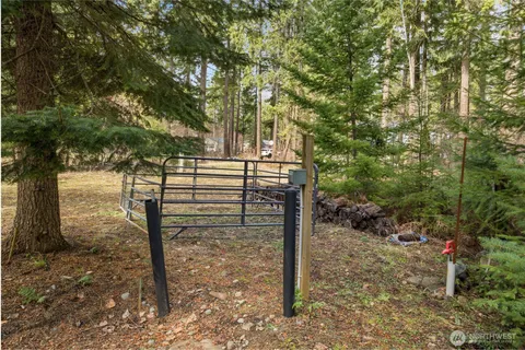 a view of a bench in a backyard