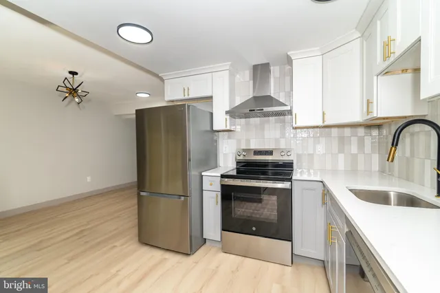 a kitchen with a refrigerator sink and cabinets