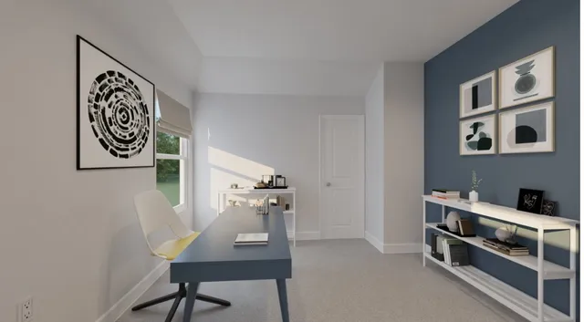 an aerial view of residential houses with outdoor space and ocean view