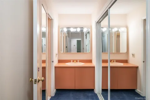 a bathroom with a double vanity sink and mirror