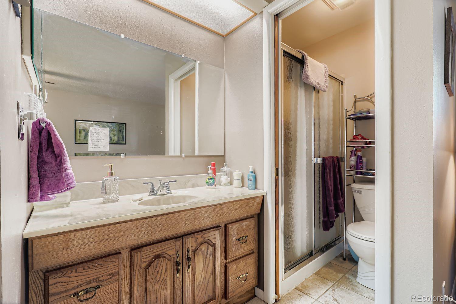 5441 East 67th Place Commerce City, CO 80022 - Photo 12 of 19 a bathroom with a sink a toilet and a mirror