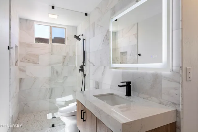 a bathroom with a sink a toilet and shower