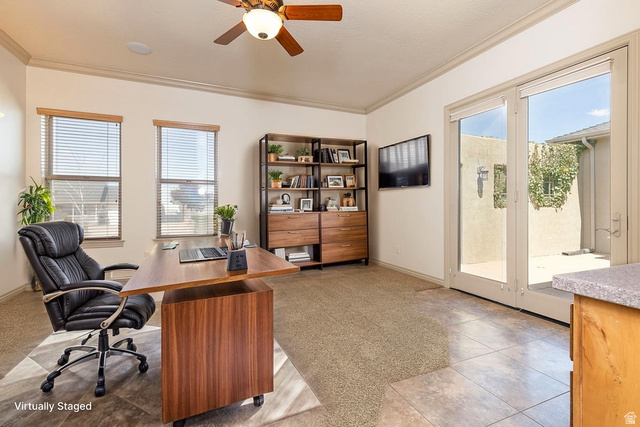 888 East Fiddlers Canyon Road Cedar City, UT 84721 - Photo 24 of 74 Office featuring a ceiling fan, healthy amount of natural light, ornamental molding, and light tile patterned floors