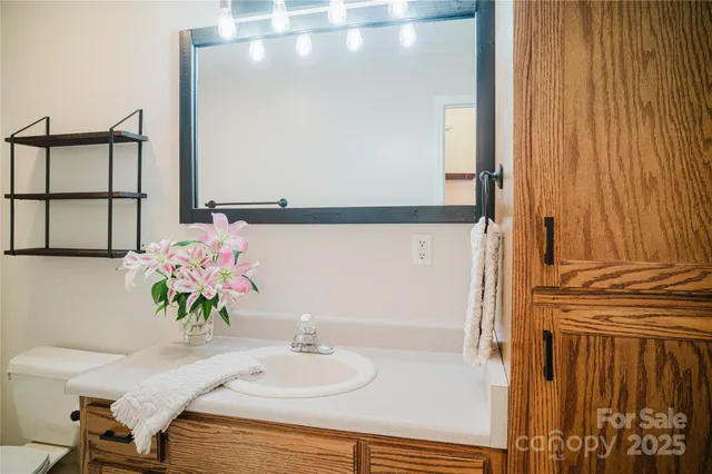 a bathroom with a sink and a mirror