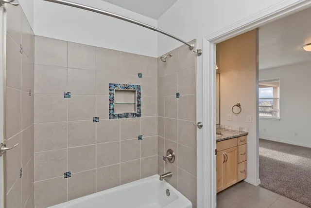 a view of swimming pool with outdoor seating and yard in back