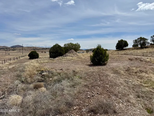 a view of a dry yard with wooden fence