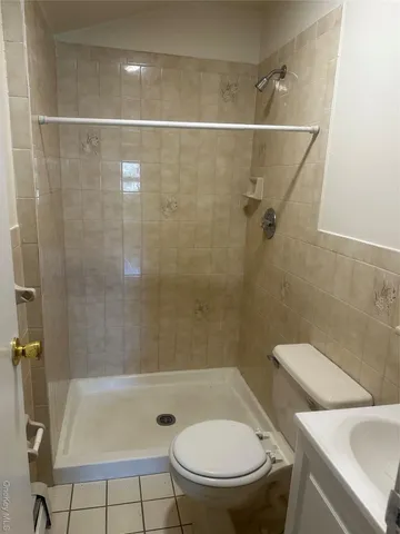a bathroom with a toilet and a shower