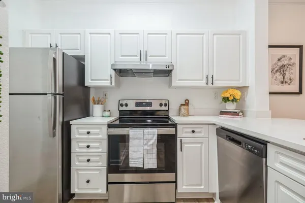 a kitchen with stainless steel appliances white cabinets and a refrigerator