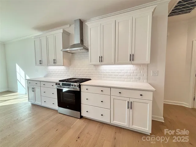 a kitchen with stainless steel appliances granite countertop a stove a sink and white cabinets
